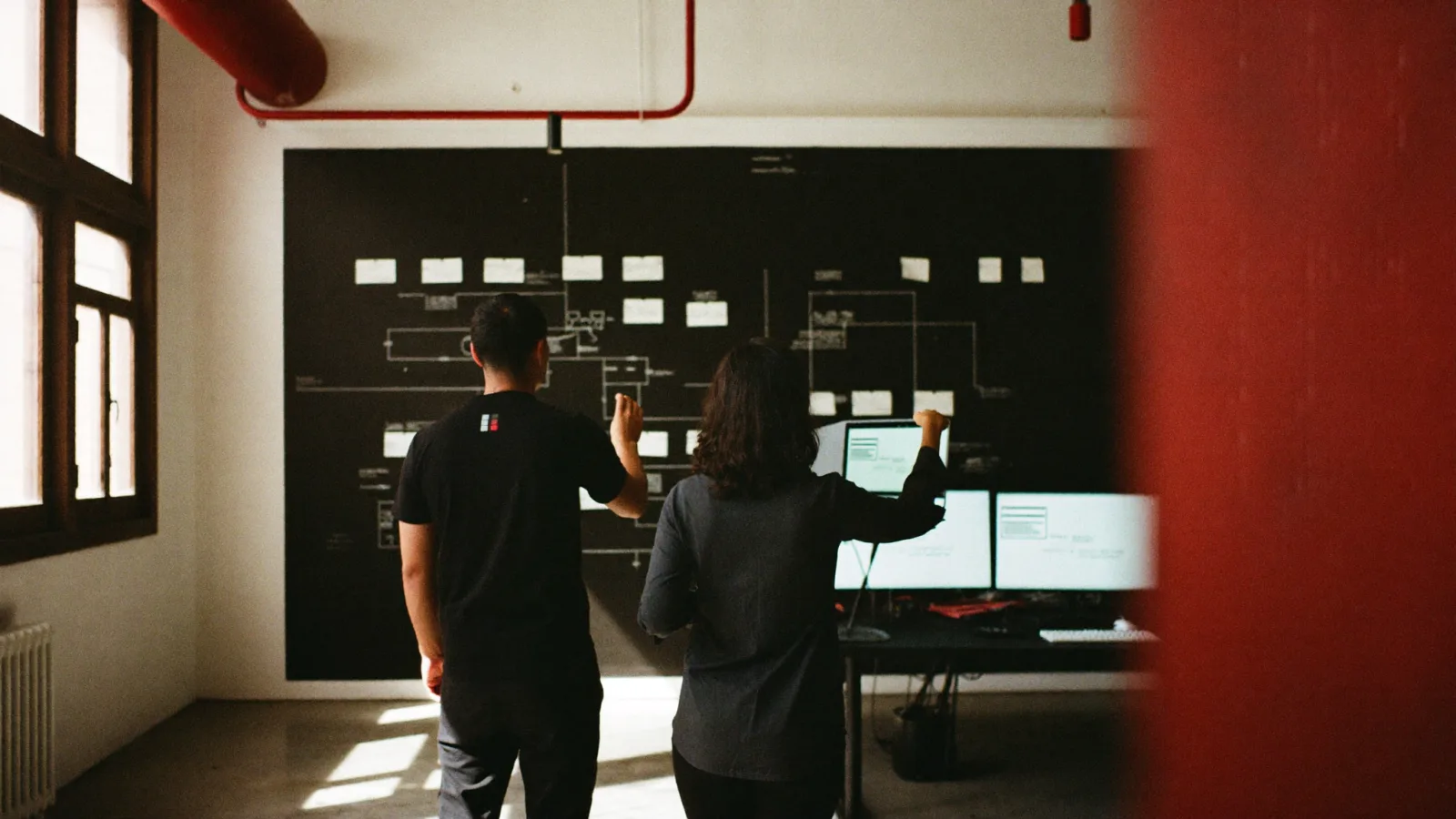 Team mapping a software system on a wall diagram