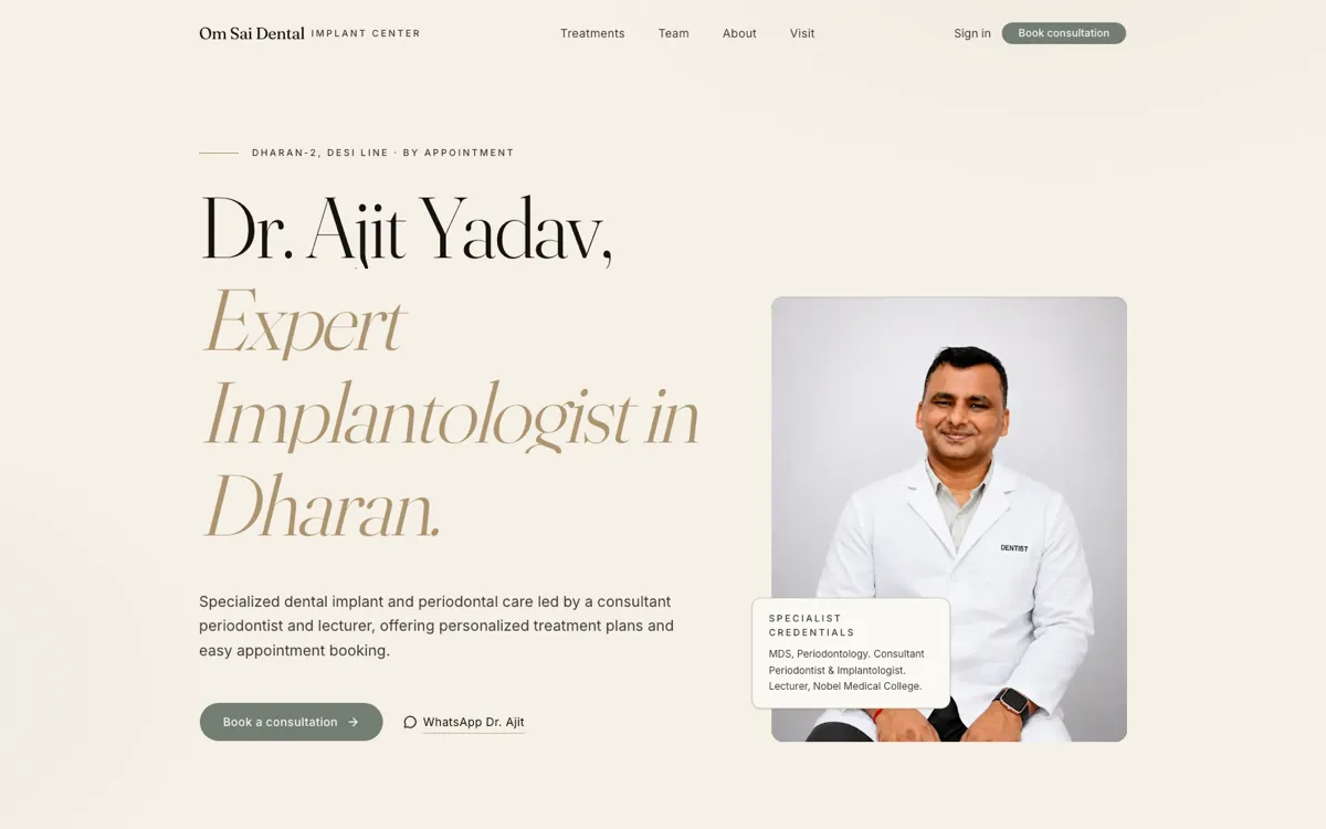 Om Sai Dental — clinic site homepage with booking